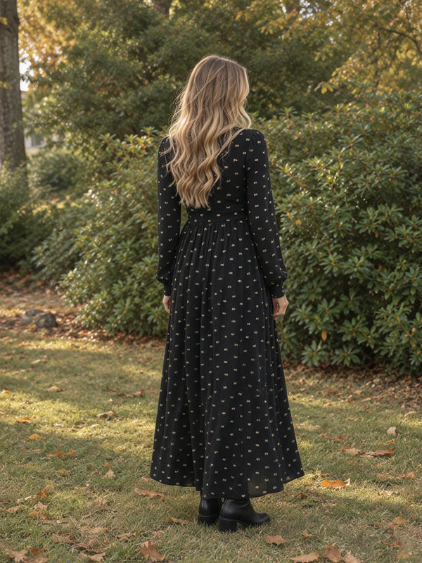 Black Maternity Maxi Dress with Lace Details and Side Bowknot and Flowing Silhouette