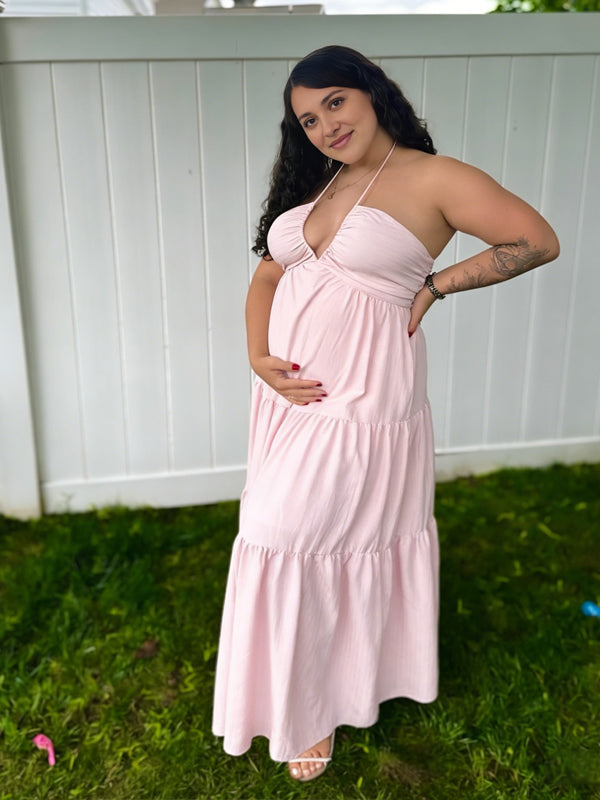 pink lace maternity dress for photoshoot PinkBlush Light Pink Lace Mesh Overlay Plus Maternity Maxi Dress