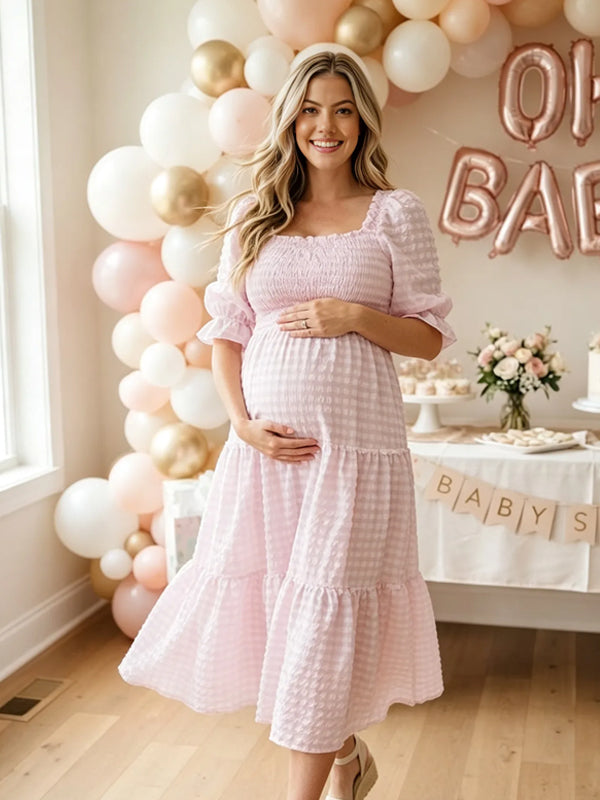 Pink Plaid Maternity Dress with Puff Sleeves and Ruffle Details and Adjustable Fit