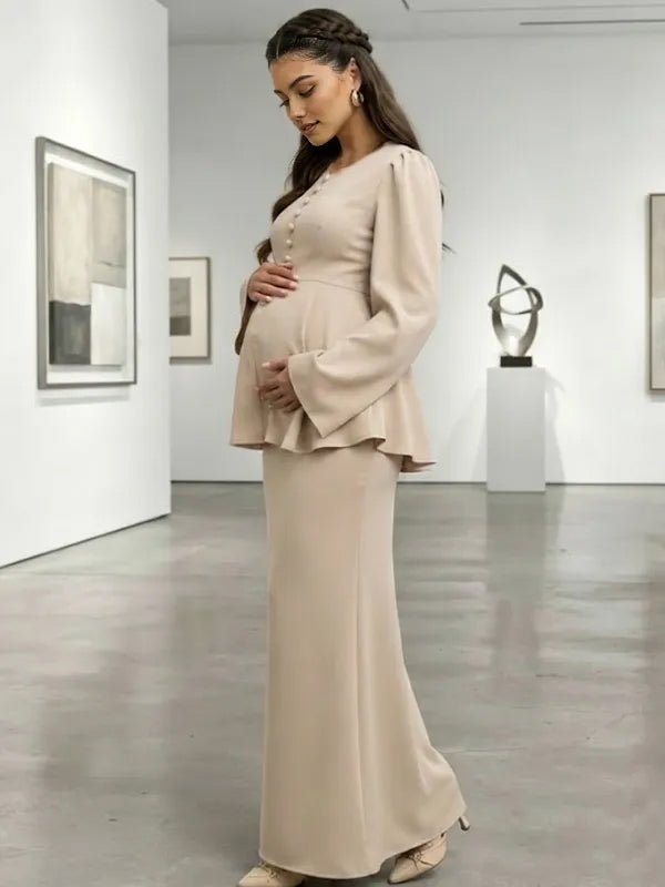 Momyknows 2 Piece Flare Sleeve Single-Breasted High Waisted A-Line Photoshoot Maternity Maxi Dress - Champagne - 2