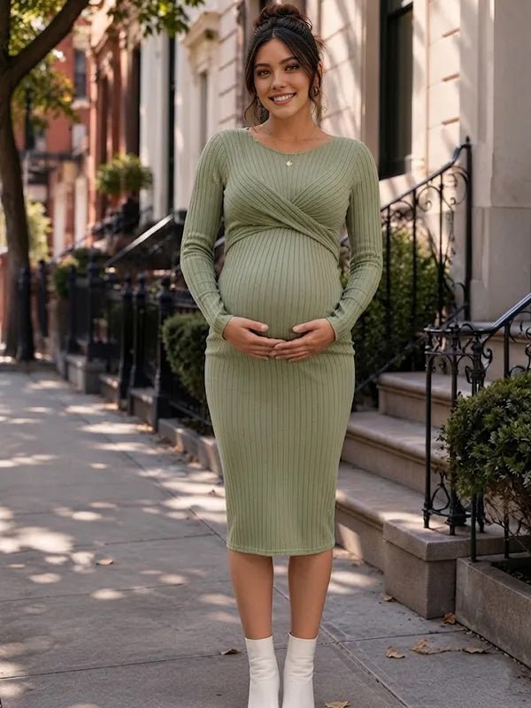 Momyknows Green Bodycon Lace-Up Ruched Knot Maternity Photoshoot Midi Dress - Green - 2