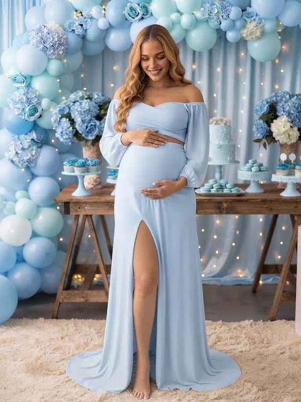 Momyknows Pink Side Slit Strapless Puff Sleeve Midriff Two Piece Maternity Baby Shower Maxi Dress