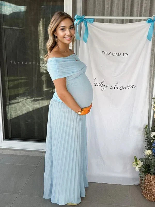 Momyknows Solid Color Ruched Pleated Off Shoulder Big Swing Elegant Cocktail Party Maternity Photoshoot Baby Shower Maxi Dress