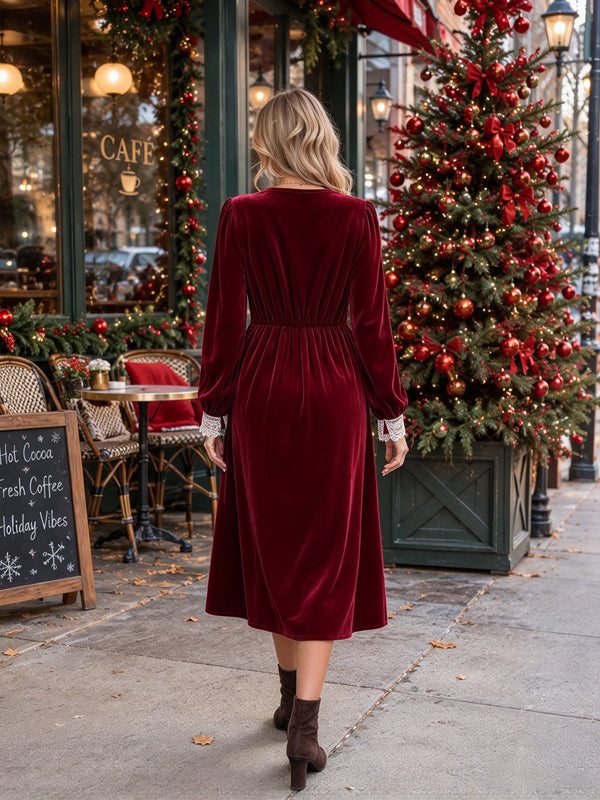 Wine Red Lace Maternity Midi Dress with Button Front and Elegant Silhouette
