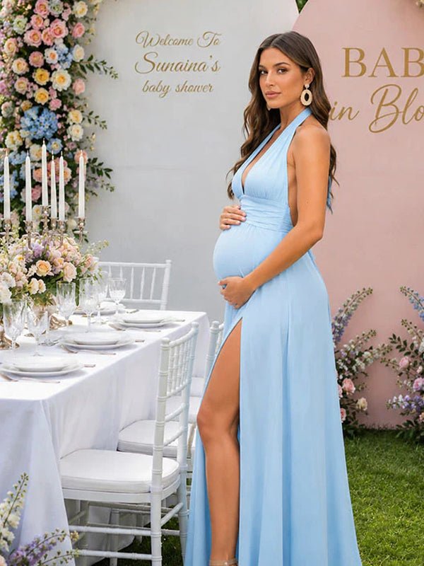 Momyknows Elegant Light Blue Halter Neck Side Slit Lace-Up Backless Baby Shower Maternity Maxi Dress - Light Blue - 2