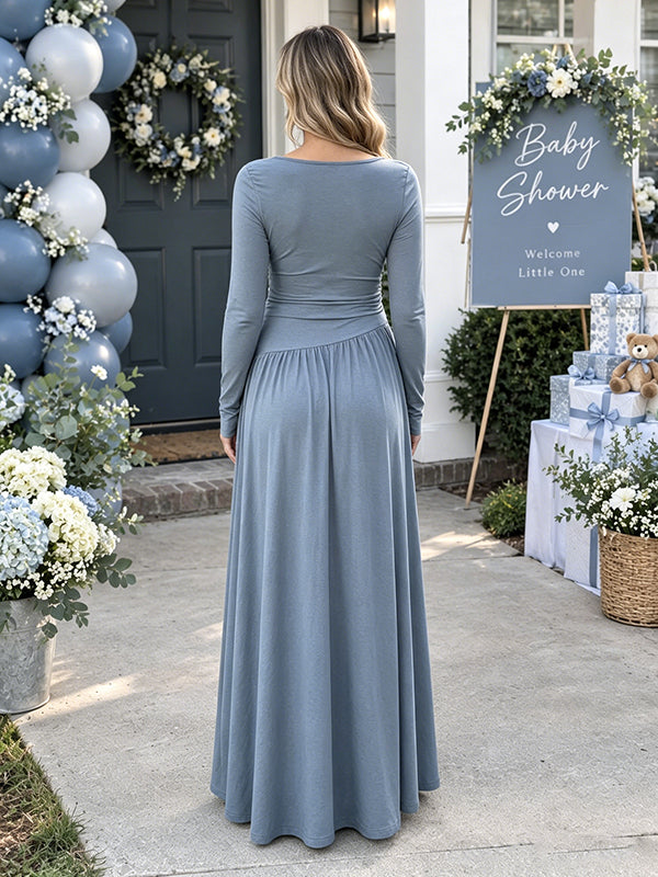 Blue Ruched Maternity Maxi Dress with Off Shoulder Style and Flowing Big Swing Silhouette