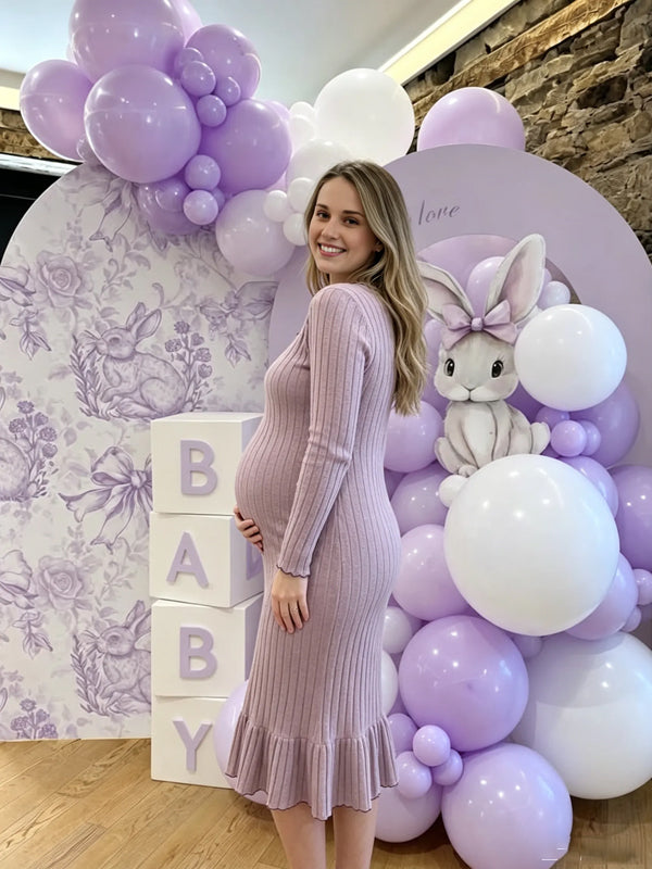 Solid Lavender Maternity Maxi Dress with Ruffle Details and Form-Fitting Stretchy Fit