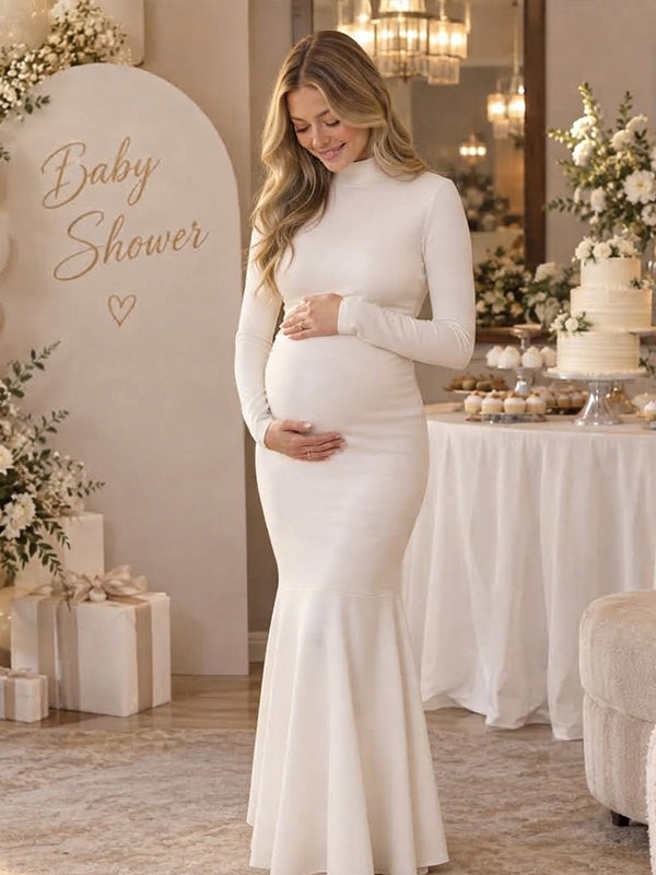 White Elegant High Neck Maternity Maxi Dress with Mermaid Silhouette and Flattering Fit