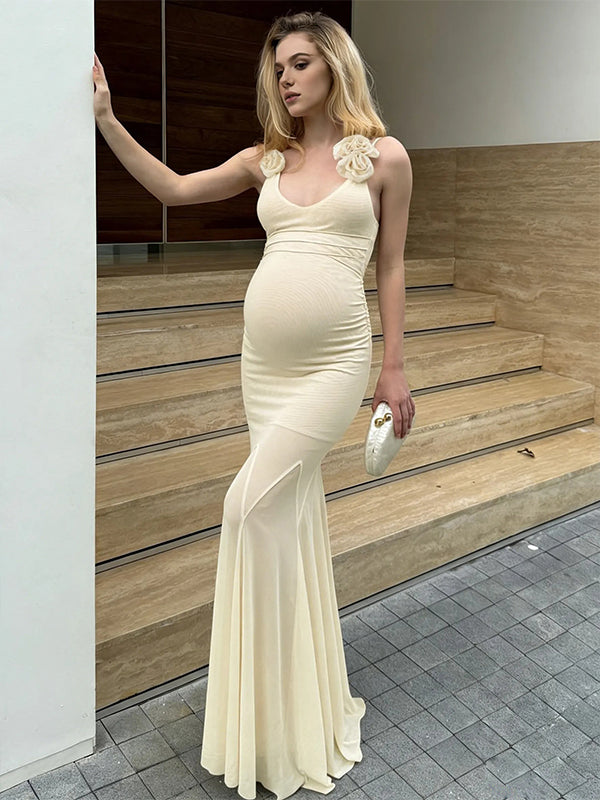 beige photoshoot dress Momyknows Beige 2 Piece Smocked Ruffle Backless Flowy Elegant Vacation Beach Photoshoot Maternity Maxi Dress, Beige / S