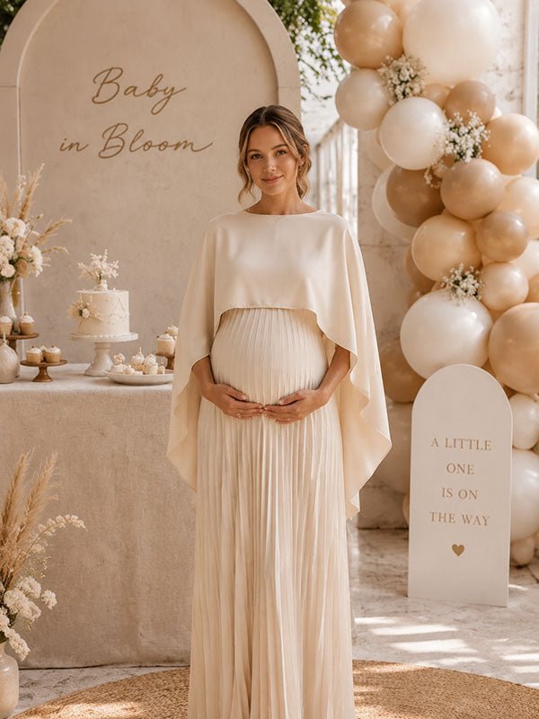 Momyknows Elegant Beige 2-in-1 Pleated Flowy Irregular Baby Shower Maternity Maxi Dress - Beige - 1