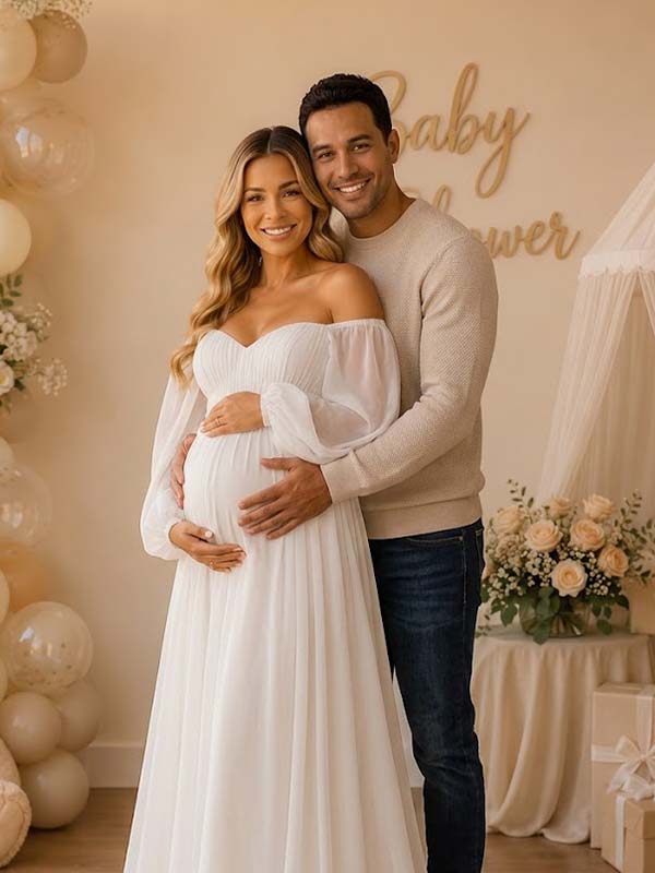 Momyknows White Ruffle Grenadine Backless Off-Shoulder Maternity Baby Shower Maxi Dress - White - 2