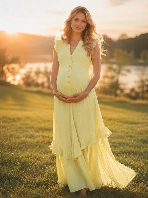 Momyknows Ruffle Button Falbala Big Swing Maternity Photoshoot Maxi Dress - Yellow - 4