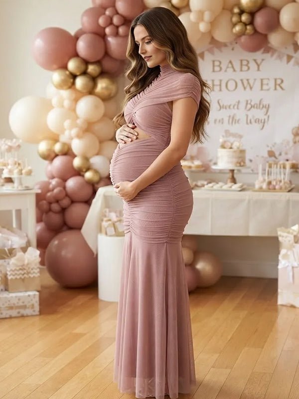 Momyknows Bean Paste Color Ruched Sheer Bare Midriff Maternity Baby Shower Maxi Dress - Bean Paste Color - 3
