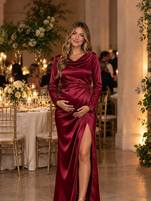 Red Elegant Photoshoot Maternity Maxi Dress with Side Slit and Gathered Waist Design