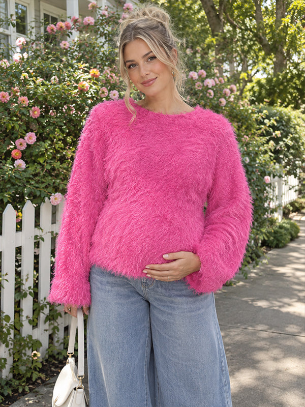 Rose Carmine Fashion Maternity Top with Fluffy Texture and Round Neck and Flattering Fit, Photoshoot