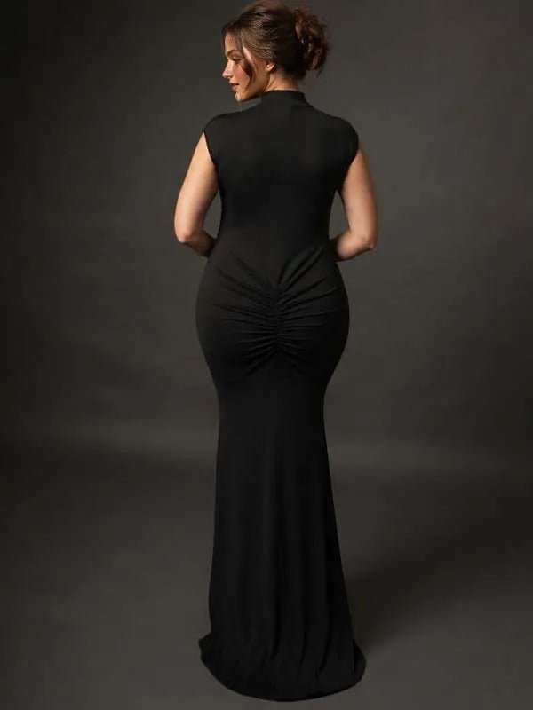 Momyknows Black Bodycon Floor Length Mock Neck Maternity Photoshoot Maxi Dress - Black - 2