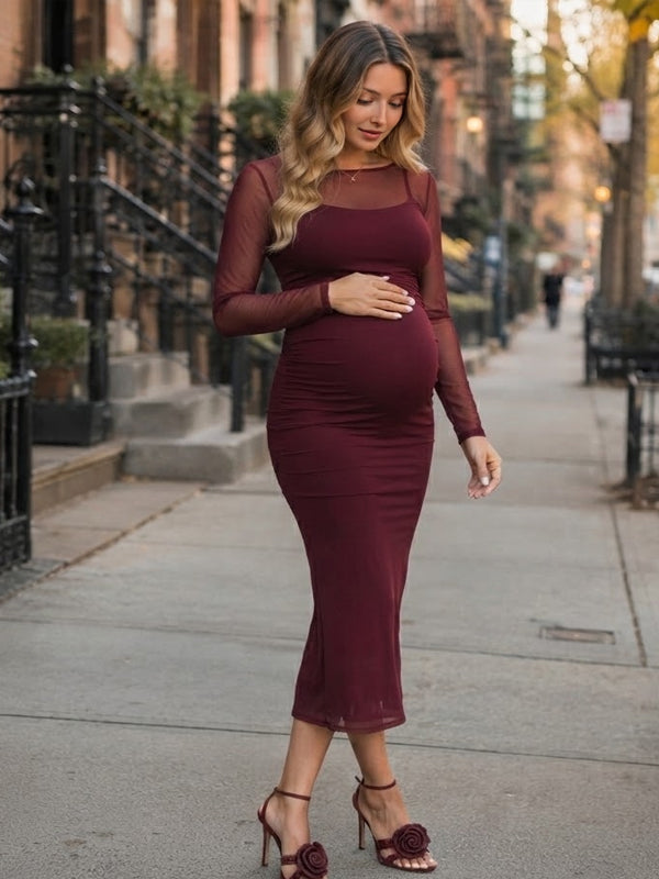 Red Sheer Two Piece Maternity Midi Dress with Spaghetti Straps and Fitted Silhouette