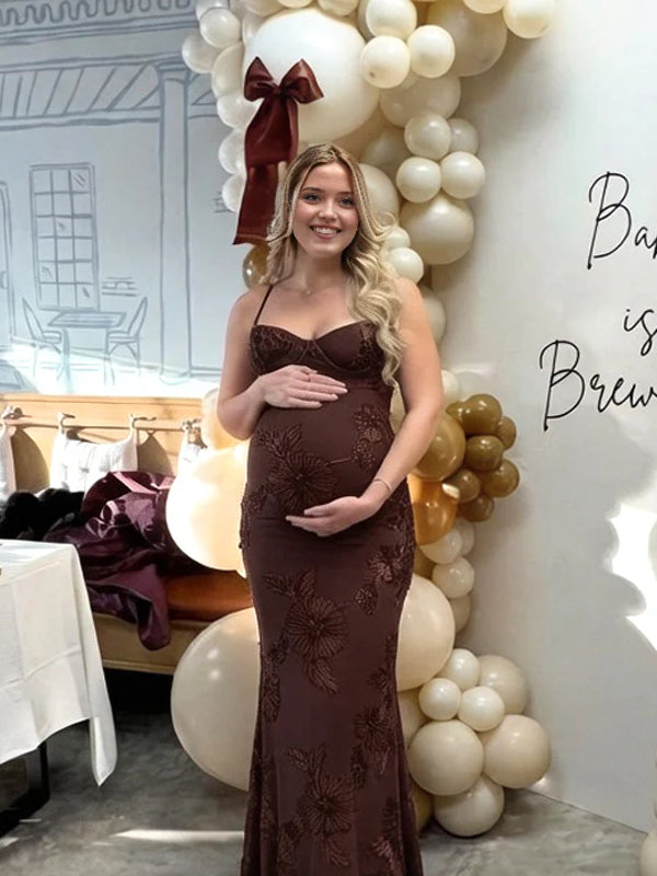 brown lace maternity dress Brown Lace Smocked Long Sleeve Off Shoulder Maternity Maxi Dress