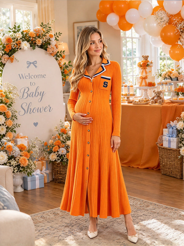 Orange Crochet Baby Shower Maternity Maxi Dress with Naval Territory Pattern and Graceful Maxi Silhouette