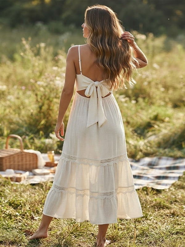 White Ruffle Maternity Midi Dress with Lace-Up Back and Elegant Shape