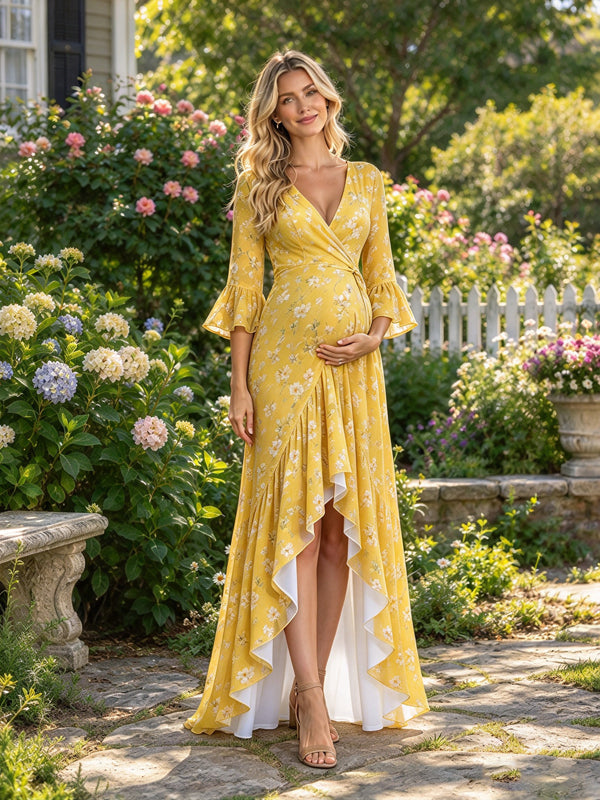 Yellow Printed Maternity Maxi Dress with Irregular Hem and Flowing Ruffle Accents and Flare Sleeve Design