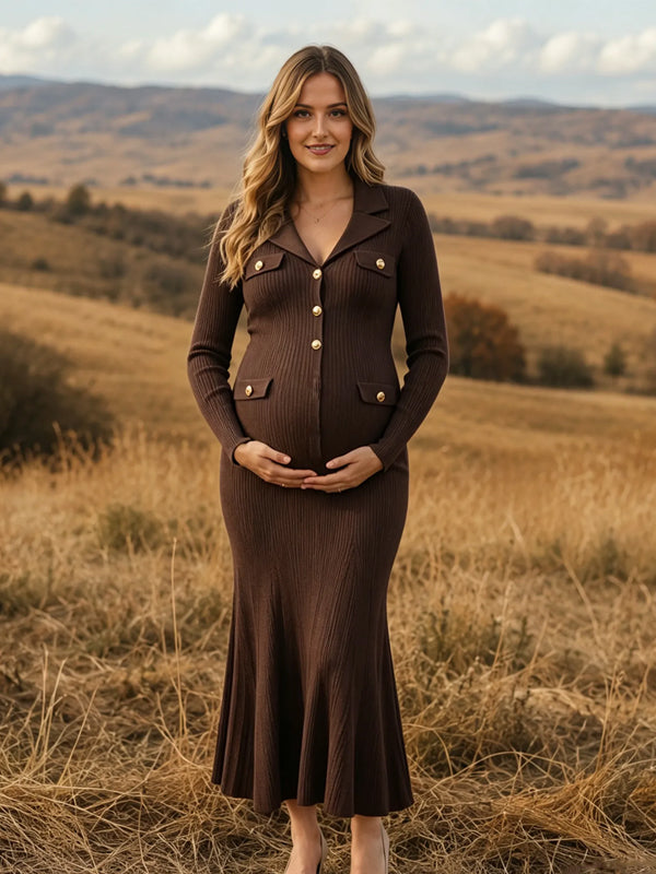 Coffle Maternity Maxi Dress with Turndown Collar and Metal Clasp and Elegant Fit, Photoshoot Occasion