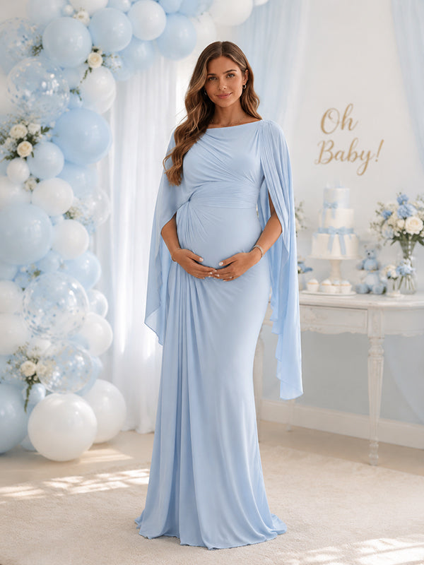 Momyknows Chic Blue Irregular Ruched Flowy Baby Shower Maternity Maxi Dress