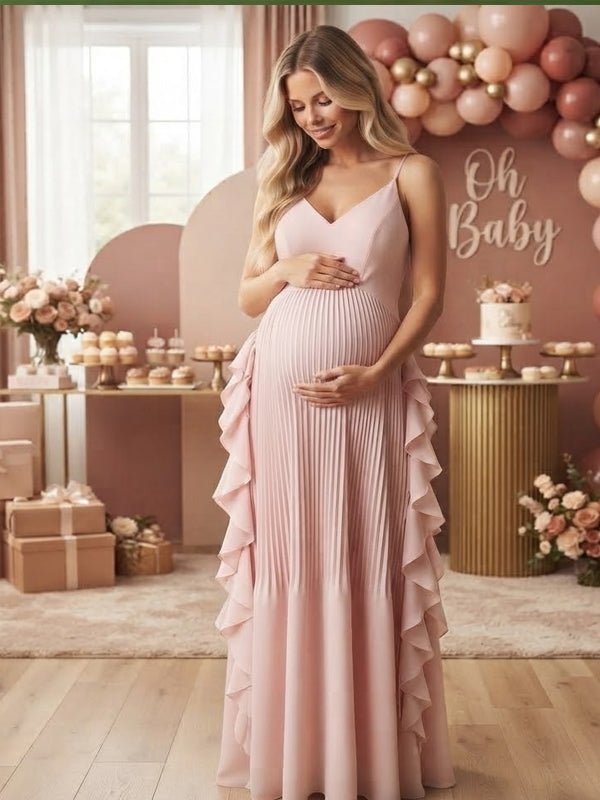 Momyknows Spaghetti Strap Ruffle Draped Hem Big Swing Backless Maternity Baby Shower Maxi Dress - Pink - 2