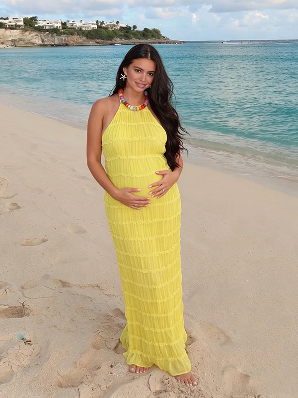 Momyknows Yellow Beach Halter Neck Backless Mesh Ruched Vocation Photoshoot Maternity Maxi Dress