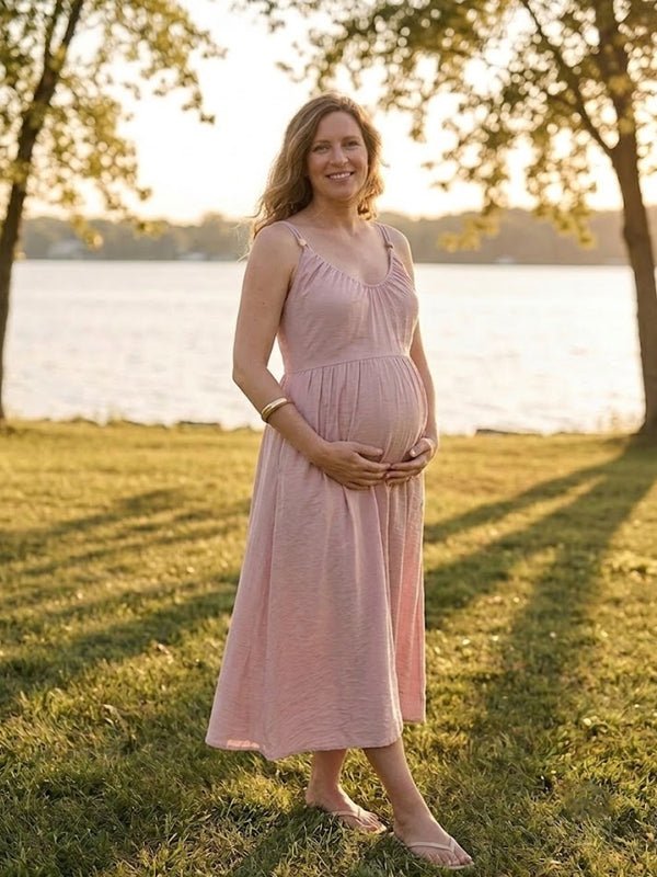 Momyknows Spaghetti Strap Lace Up Ruched Photoshoot Maternity Midi Dress, Pink / 2XL