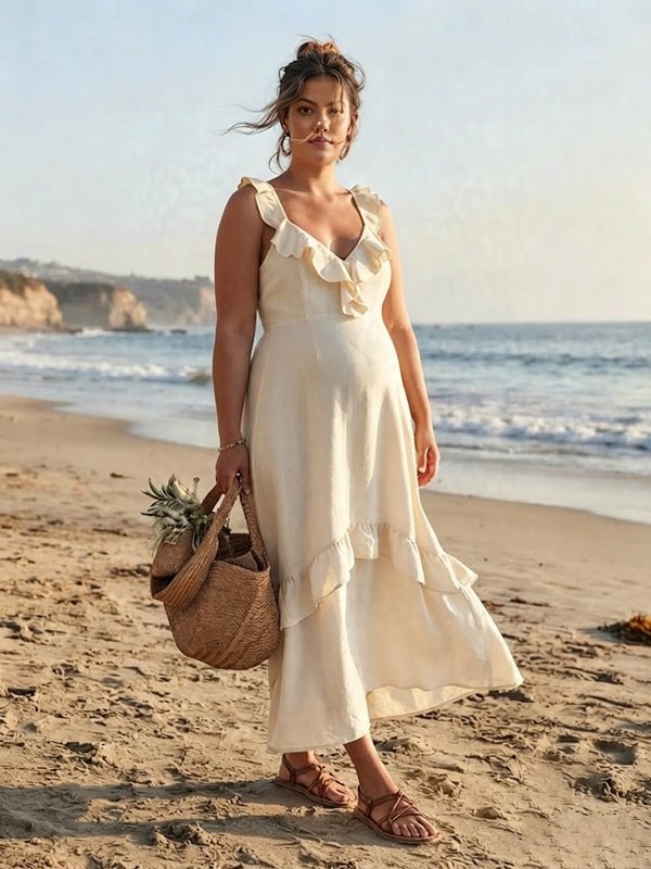 Momyknows V-neck Falbala Flowy Solid Color Photoshoot Maternity Maxi Dress - White - 5