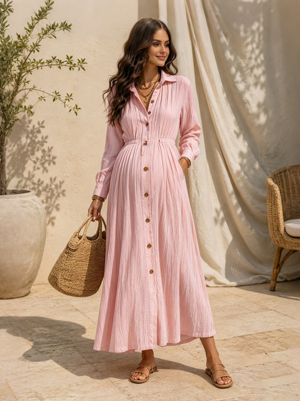 Pink Plus-Size A-Line Maternity Maxi Dress with Pockets and Button-Front Detail and Flattering Fit, Photoshoot