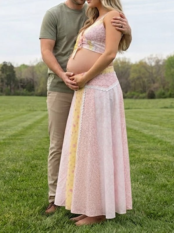 Momyknows Pink Spaghetti Strap Smocked Print Lace Up Maternity Photoshoot Maxi Dress - Pink - 3