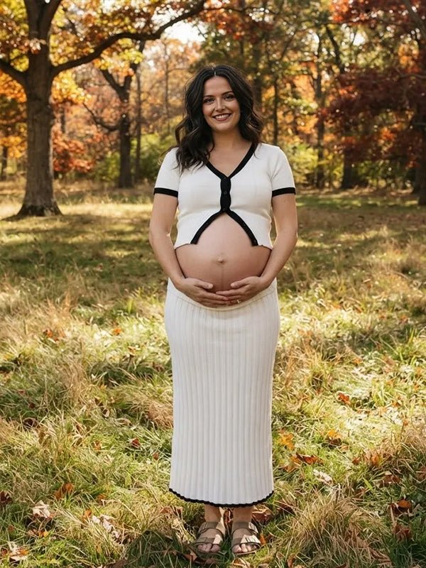 Momyknows Crochet Button Draped Hem Two Piece Maternity Photoshoot Maxi Dress - White - 2