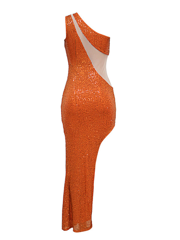 Momyknows Orange Sequin Oblique Shoulder Irregular Elegant Photoshoot Maternity Maxi Dress