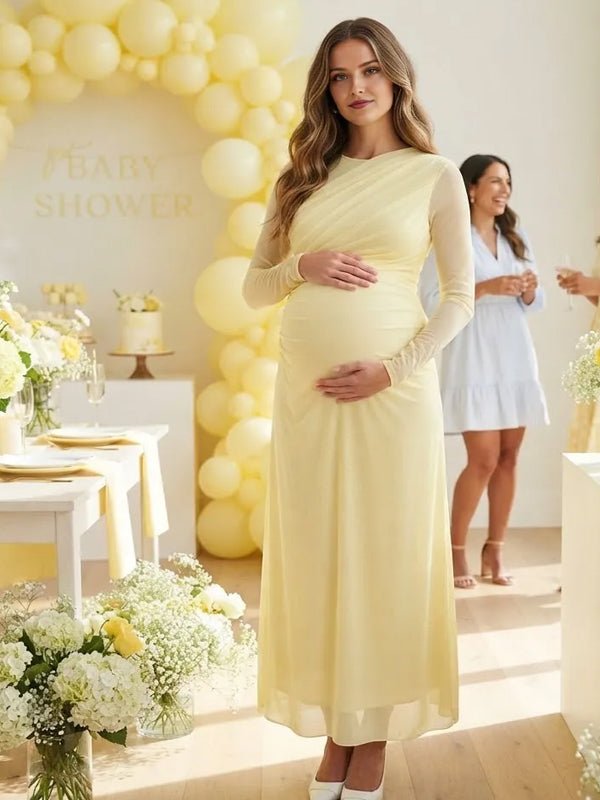 Momyknows Ruched Sheer Grenadine Bodycon Maternity Baby Shower Maxi Dress - Yellow - 2