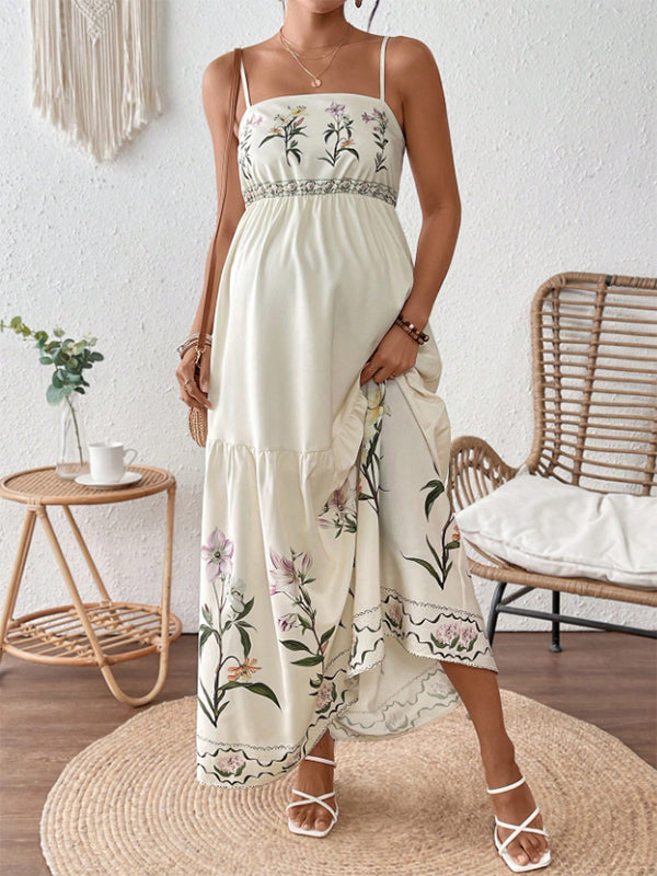 Momyknows Chic Boho Spaghetti Straps Backless A-Line Floral Vacation  Maternity Maxi Dress