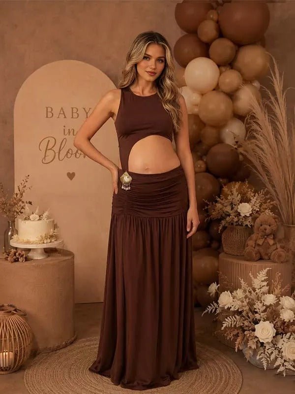 Momyknows Brown Ruffle Side Slit Midriff Irregular Maternity Baby Shower Maxi Dress - Brown - 3