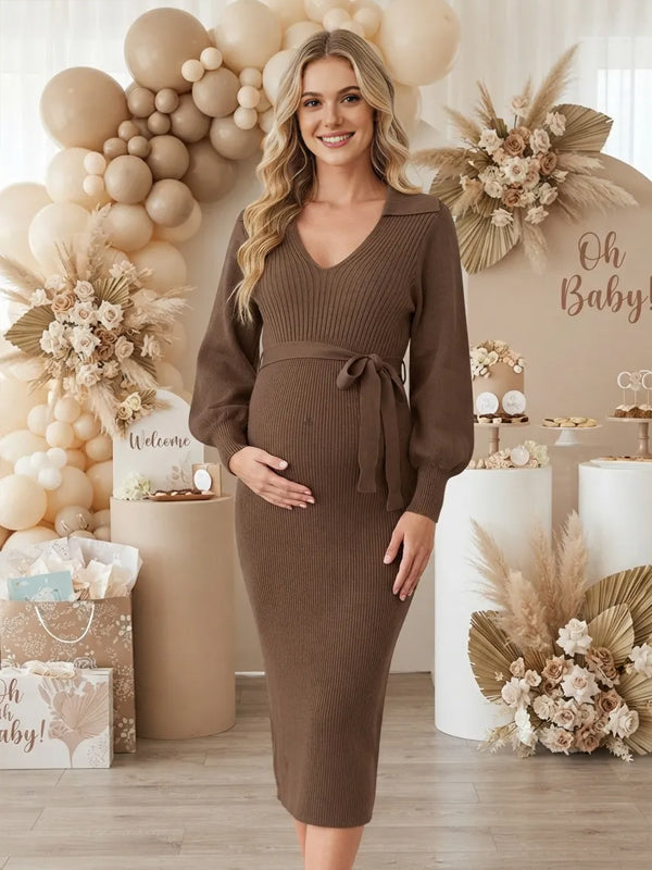 Brown V-Neck Maternity Dress with Knit Design and Form-Fitting Silhouette, Baby Shower