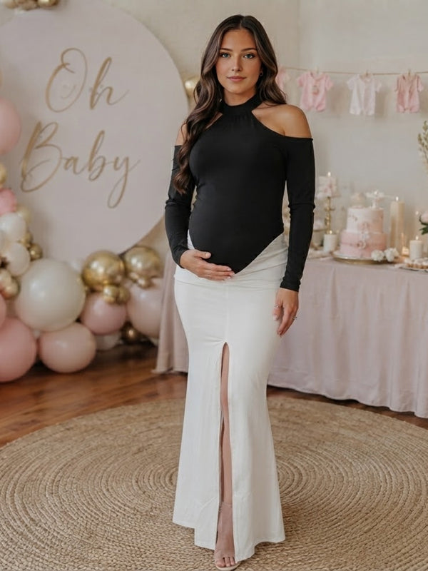 Black Ruched Maternity Maxi Dress with Off Shoulder Neckline and Flattering Silhouette