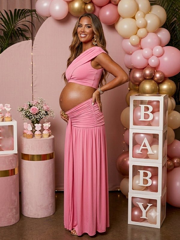 pink gold maternity dress Azazie A-Line V-Neck Floor-Length Stretch Satin Maternity Bridesmaid Dresses