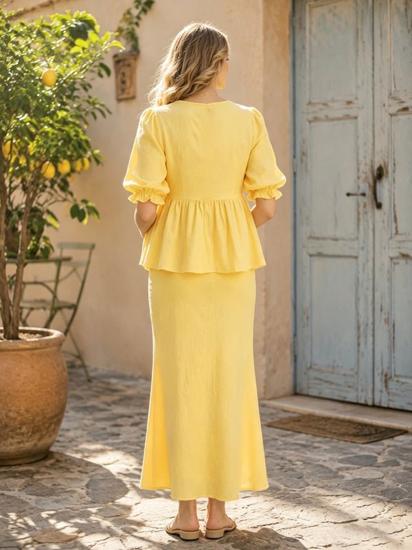 Momyknows V-neck Puff Sleeve Lace-up Vacation 2-in-1 Photoshoot Maternity Midi Dress - Yellow - 2