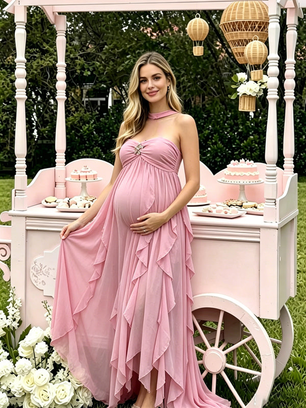 pink strapless maternity dress Milumia Women's Maternity Floral Mesh Split Strapless Tube Dress Bodycon Maxi Dresses Baby Shower Wedding Guest Hot Pink X-Small at Amazon Women's Clothing store
