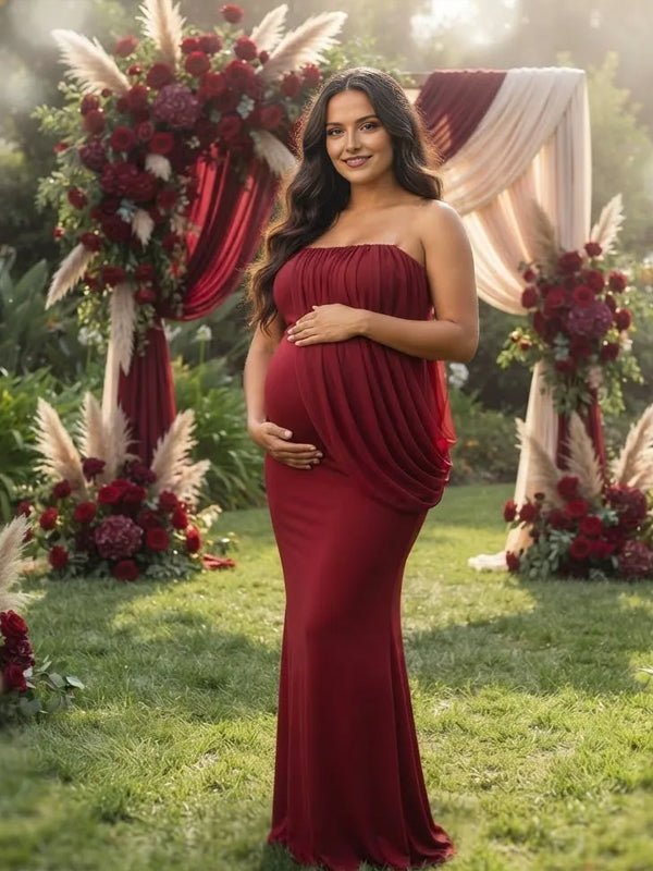 Momyknows Ruched Grenadine Irregular Bodycon Maternity Baby Shower Maxi Dress - Red - 9