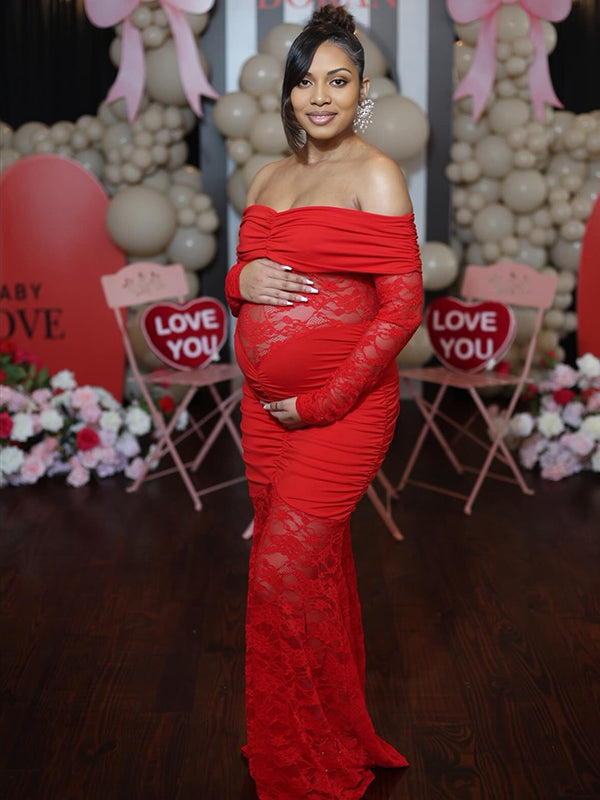 Momyknows Red Off Shoulder Lace Splicing Open Back Ruched Maternity Baby Shower Maxi Dress