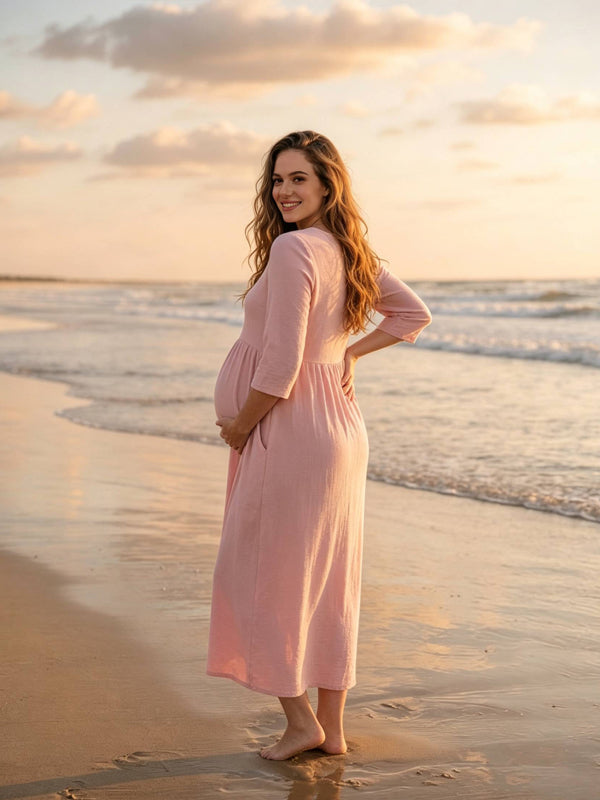 Pink Maternity Dress with V-Neck and Pockets and Three-Quarter Sleeves