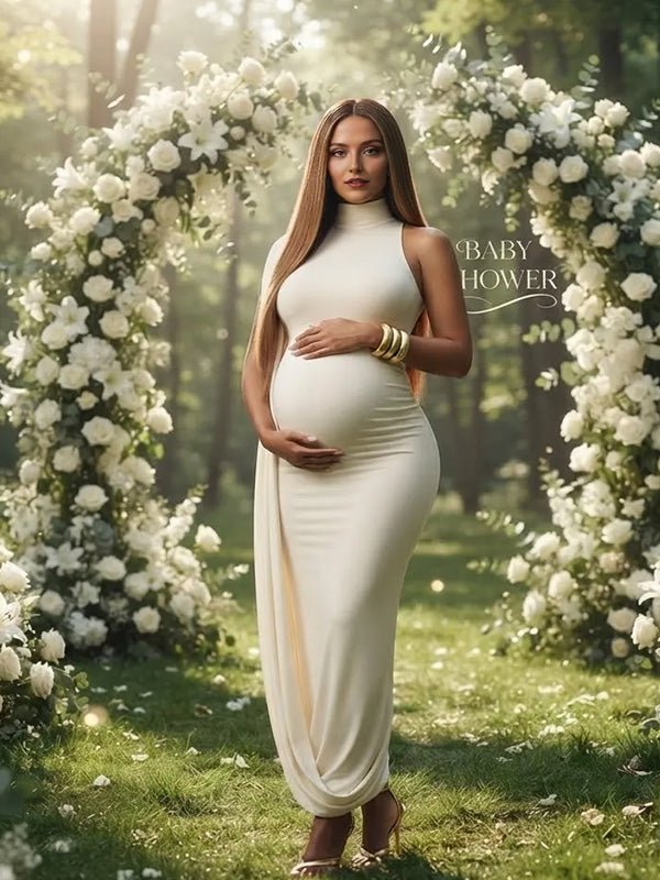 Momyknows High Neck Side Slit Ribbon Bodycon Maternity Baby Shower Maxi Dress - White - 3