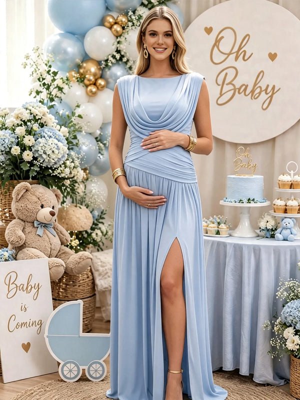 Momyknows Side Slit Splicing Backless Ruffle Maternity Baby Shower Maxi Dress - Blue - 1