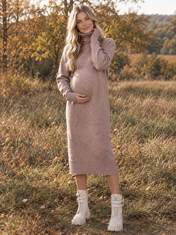 Camel Crochet Sweater Maternity Midi Dress with High Neck and Flattering Silhouette, Photoshoot Style