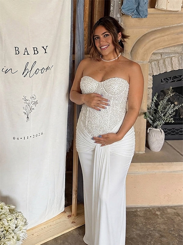 Momyknows Sequin Wedding Bodycon Bandeau Ruched Knot Draped Party Maternity Baby Shower Maxi Dress